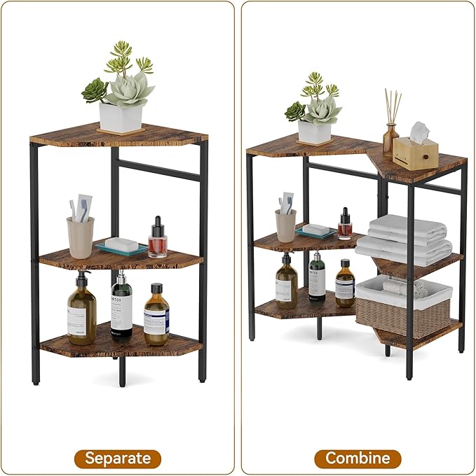 CADUKE Pedestal Sink Storage, 2 Pack Under Sink Organizer Shelf Bathroom Under Vanity Storage Shelf for Small Space, Bathroom Organizers Rack Stand 3 Tier Wooden Corner Shelves, Rustic Brown
