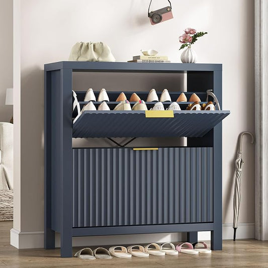 Fluted Shoe Cabinet Storage with 2 Flip Drawers for Entryway, Hallway | Narrow Shoe Rack Freestanding Shoe Organizer with Legs for Entryway，Hallway, Blue