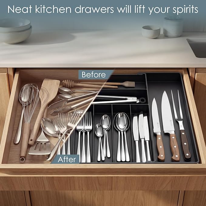 Silverware Drawer Organizer, 9 Slots Expandable Kitchen Drawer Organizer | Extra Large Utensil Holder & Cutlery Tray, Heavy Duty Stainless Steel Frame Flatware Organizer, Non-Slip Feet Included, Black