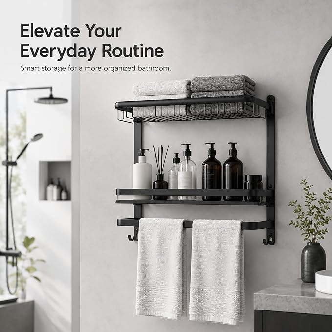23 Inch Towel Rack for Bathroom with 3 Tier Shelf Double Bar Hook (Black) | 90 Degree Foldable Top Design, Wall Mounted Storage Shelf of 304 Stainless Steel, No Drill or Screw Installation