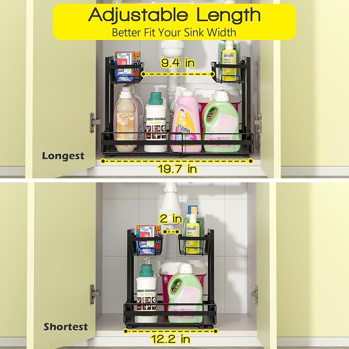 NADAMOO Expandable Under Sink Organizer, 2-Tier Pull Out Cabinet Organizer | Expandable Width, 3-Level Height Adjustment, Metal Storage Rack with 3 Slide Rails for Kitchen Bathroom Laundry, Black
