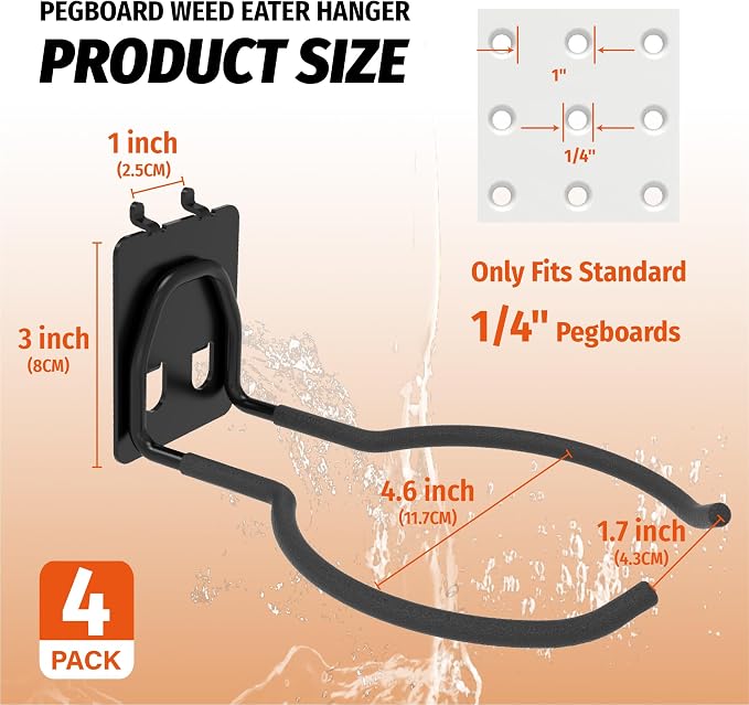 HUHOLE 4 Pack Ring Style Pegboard Weed Eater Hanger for 1/4 Inch Boards | Tool Hooks with 66 lb Capacity for String Trimmers, Leaf Blowers, Vacuums, Hoses and Garden Tools