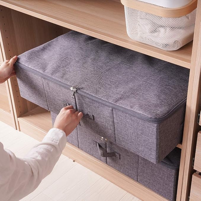Folding Fabric Rigid Under Bed Closet Storage Bins with Zip Lid,Black Gray | Under bed Storage Boxes for Bedding/ Clothes/ Duvets/ Blankets/ Shoes, Hard Plastic Boards inside, 4 Handles, Washable