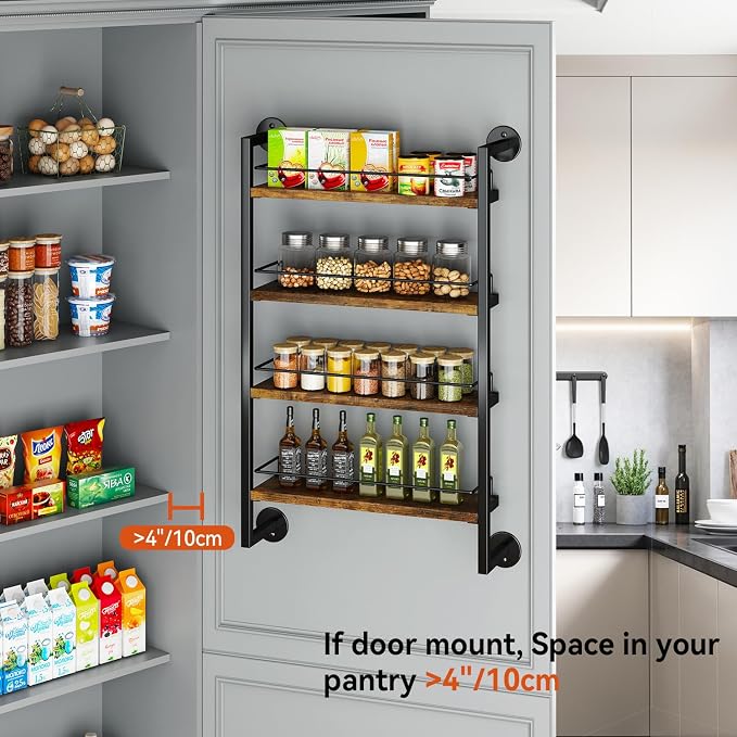 IBUYKE 4 Tier Spice Rack Wall Mount for Kitchen,Brown TLJ016H | Hanging Seasoning Organizer Large Spice Rack for Wall Spice Organization for Kitchen Cabinet Bathroom Pantry Living Room