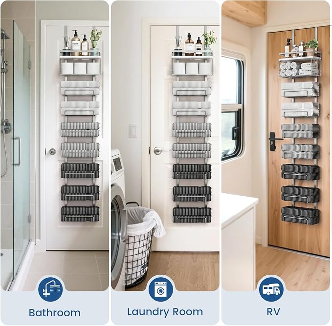 Aetyord Towel Racks for Bathroom Over The Door Towel Racks Towel Storage Organizer with Metal Shelf Basket for Bathroom Rv Camper (9-Tier Silver with White Plank)