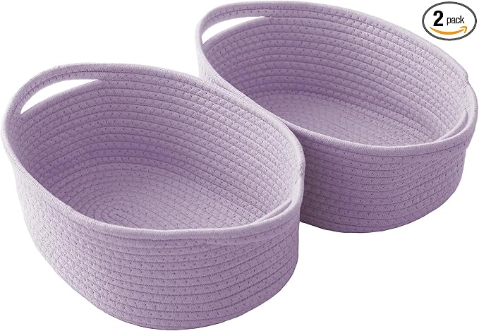 JMvicyroam Small Woven Basket, Empty Gift Basket, Purple/2 Pack | Small Gift Basket, Cotton Rope, 12 x 8 x 46 in, Handles, Includes Ribbon and Bag, Birthday Gift Basket