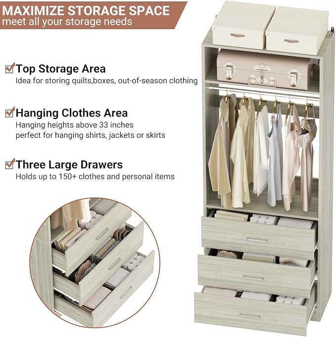 Besiost Closet System Set of 2, 4FT Closet Systems with 6 Wood Drawers, 48" Closet Organizer System with 2 Hanging Rods & 2 Shelves, Heavy Duty 48 Inch Walk-in Closet, White Oak (48"L x 15" W x 80" H)