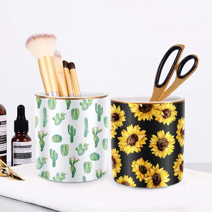 Pen Holder, Cute Pencil Holder for Desk, Makeup Brush Holder Floral Pattern, Pencil Cup for Girls Women, Durable Ceramic Desk Organizer Flower Decor for Office, Classroom, Sunflower