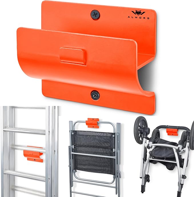 Orange Heavy Duty Ladder Hooks - Garage Wall Mount Storage Hanging Bracket | Holds Wheelbarrows, Step Ladders and Folding Chairs, Versatile Tool Organiser for Garage, Easy to Install