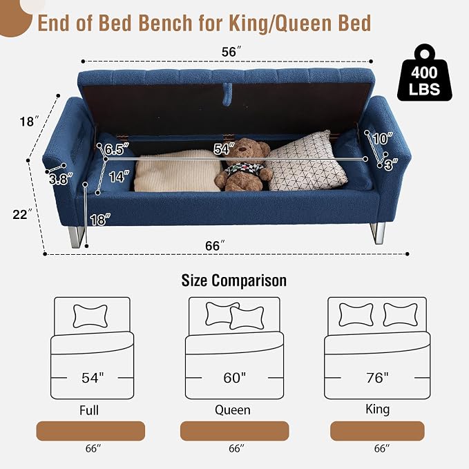 66" Storage Bench for Bedroom Upholstered End of Bed Bench King Size Blue | Long Bedroom Benches for Foot of Bed King,Teddy Storage Bed Bench with Gold Legs,2 Pillows for Entryway Windows Cloakroom