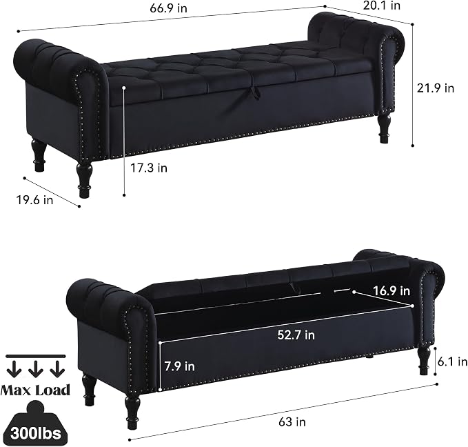 Storage Bed Bench for Bedroom, 67 Inches End of Bed Bench, Velvet King Size Bench with Arms, Tufted Button Storage Ottoman Benches, Upholstered Bench for Bedroom, Living Room, Entryway, Black