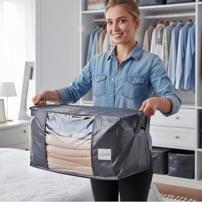 Blanket Storage Bags 6 Pack 60L Clothes Closet Organizer Containers PE | High-Strength PE, Reinforced Handle, Dual-Slider Zipper, Clear Window and Label Pocket, Ventilated Foldable Design