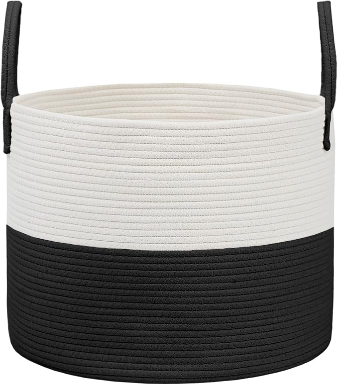 JMvicyroam 65L Extra Large Machine Washable Cotton Rope Blanket Basket | Collapsible laundry hamper, Reinforced handles, For blankets, pillows, toys and clothes, Living room and bedroom, White&Black