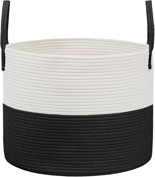 JMvicyroam 65L Extra Large Machine Washable Cotton Rope Blanket Basket | Collapsible laundry hamper, Reinforced handles, For blankets, pillows, toys and clothes, Living room and bedroom, White&Black