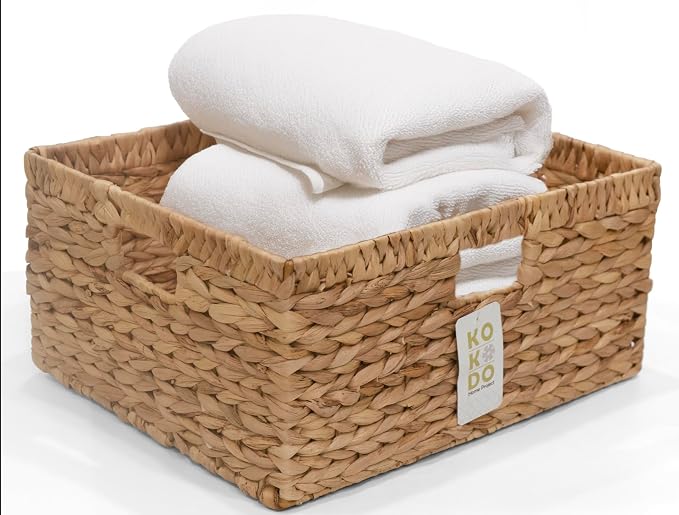 KOKODO 16.5"Lx13"W Extra Large/Jumbo Wicker Storage Baskets with Chalkboard, Stylish and Durable Water Hyacinth Rectangle Handwoven Basket Bin with Metal Frame & Handle for Room Organizing