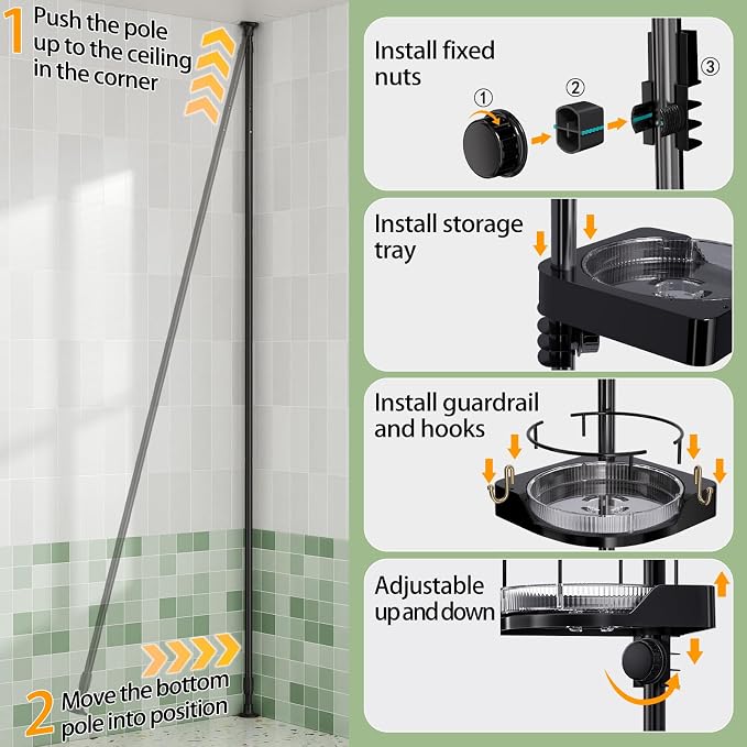 360° Rotating Corner Shower Caddy Tension Pole Organizer (Black) | 4-Tier rotating shelves with hooks, adjustable tray height, upgraded rustproof metal pole, removable trays for shower storage