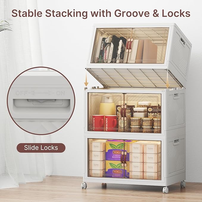 UAMFURI Stackable Storage Bins with Lids, 288QT Lockable Storage Cabinet | Folding Storage Box with Doors and Wheels, Collapsible Plastic Drawers for Home, Garage, Office