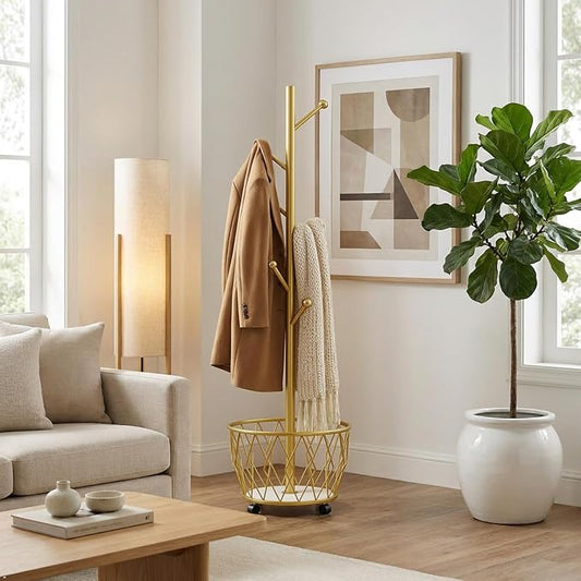 Gold Moveable Tree Metal Coat Rack with Basket Freestanding 65" | Organizer for Scarf Jacket Hat Bags Ideal for Home Entryway Bedroom Corner Stable