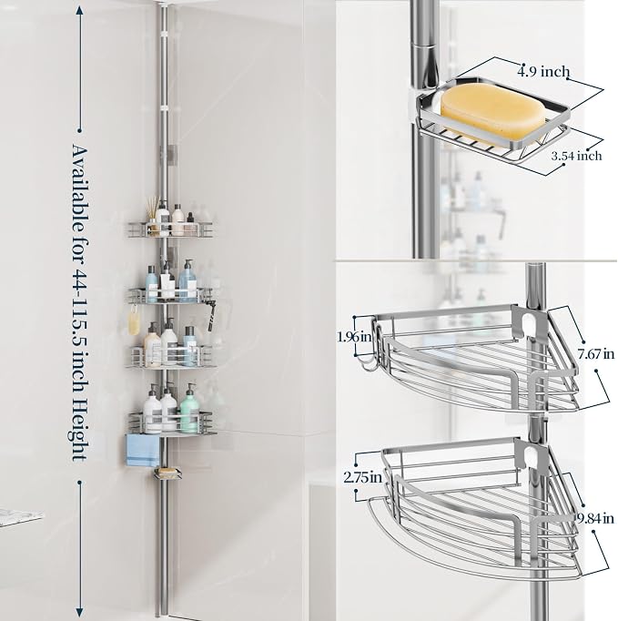 Consumest Corner Shower Caddy Tension Pole - Rustproof Shower Shelves with Towel Bar & Soap Holder, Adjustable Bath Organizer for Bathroom Storage, 27.6-108.3 inch, Silver
