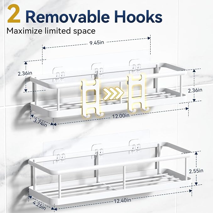 YASONIC Shower Caddy Adhesive, Rustproof Shower Organizer, Large Capacity Shower Shelves for Inside Shower, No Drilling Bathroom Organizers and Storage for Home Decor （2 Pack White）