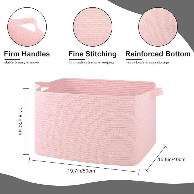 OIASKET Large Blanket Basket, Blanket Storage Living Room, Rectangle Woven Baskets for Storage Toys, Towels, Dirty Clothes Organizer Bins (Pink)