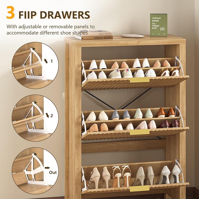 32" Fluted Shoe Cabinet Storage with 3 Flip Drawers for Entryway, Hallway | Hidden Shoe Rack Slim Freestanding Shoe Organizer with Legs for Hallway, Living Room, Oak