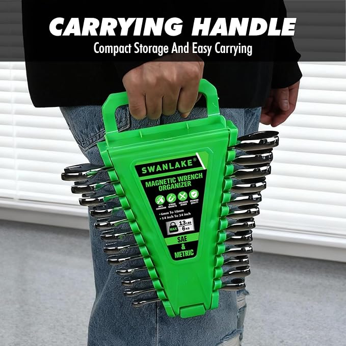 2-Piece Magnetic Wrench Organizer, Metric & SAE Portable Plastic Wrench Holder, 24-Slot Total, Foldable Carrying Handle for Wall-Mounted, Easy-Open Lock Cover, Wrenches Storage Rack Tool for Tool Box