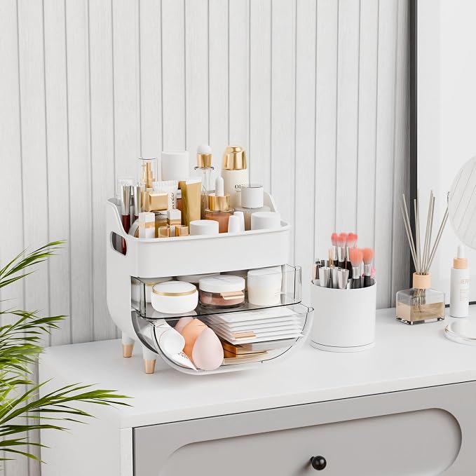 White Make up Organizers for Counter,Vanity and Dresser,Bathroom Makeup Organizer Countertop,Large Makeup Storage Organizer for Hair Tool,Beauty Products,Skin Care and Cosmetic Display Cases