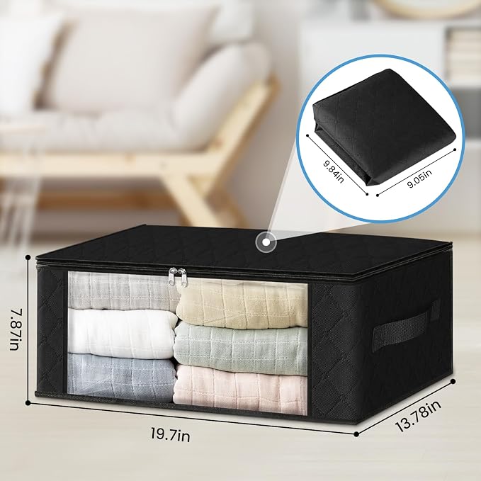HomeHacks 8-Pack Clothes Organizer Storage Bags, 35L Storage Bins, Black | Foldable Storage Box Container with Zippers, Clear Window, Reinforced Handles for Closet, Dorm, Pillows, Bedding, Sweater