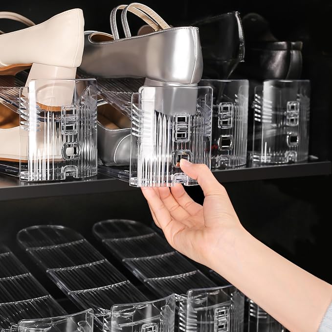 Shoe Slots Organizer 15 Pack - Shoe Stackers,3 Levels Adjustable,Space Savers 50%,Double Layer Holders for Closet (Transparent),Organizador de Zapatos