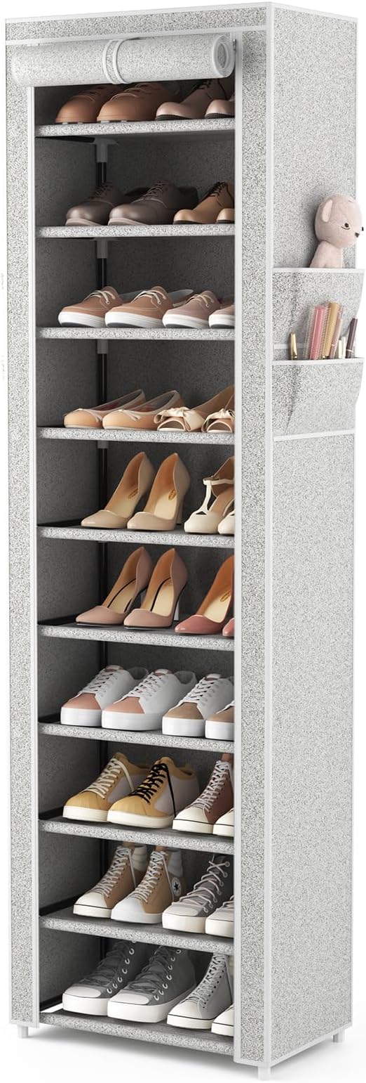 VTRIN Vertical Narrow Shoe Rack Organizer Tall Shoe Rack for Closet Entryway 10 Tier Non-Woven Cover Shoe Shelf Holds 20-22 Pairs Free Standing Shoe Storage Cabinet with Dustproof Cover, Multi Color