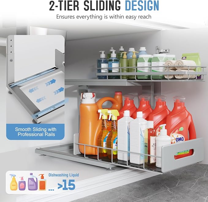 Under Sink Organizer Upgrade To Professional Rails,2-Tier Dual Pull Out Cabinet Storage,Height Adjustable Slide Out Drawers For Bathroom Kitchen,2 Pack-18.5"Dx12.8"-16.9"H,Gun Gray