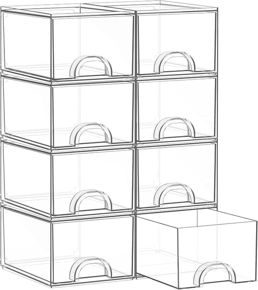 8 Pack Small Clear Stackable Acrylic Storage Boxes for Art Tool & Sketch, Storage Drawers, Storage Organizer, Clear Plastic Makeup Organizer, Ideal for Vanity, Cabinet, Desk Organization