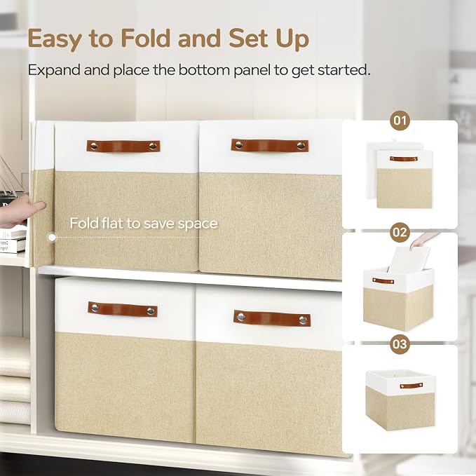 Patvingot 13-Inch Linen Storage Cubes with Labels and PU Handles,4 Pack | Roomy storage for blankets, sweaters and towels, reinforced bottom, contents stay easy to identify, folds flat when empty