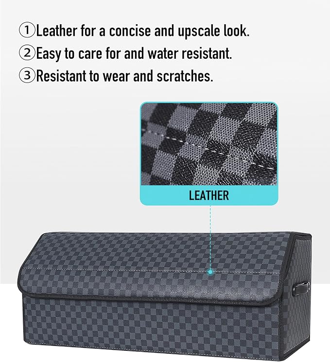 Fyzeoty Car Trunk Organizer for SUV and Sedan, Blue-Gray, 29.5 inches | Unique Blue‑Gray Plaid, Extra Large, Leather Storage Box, Magnetic Lid, Collapsible & Adjustable, Water‑Resist & Dust‑Proof