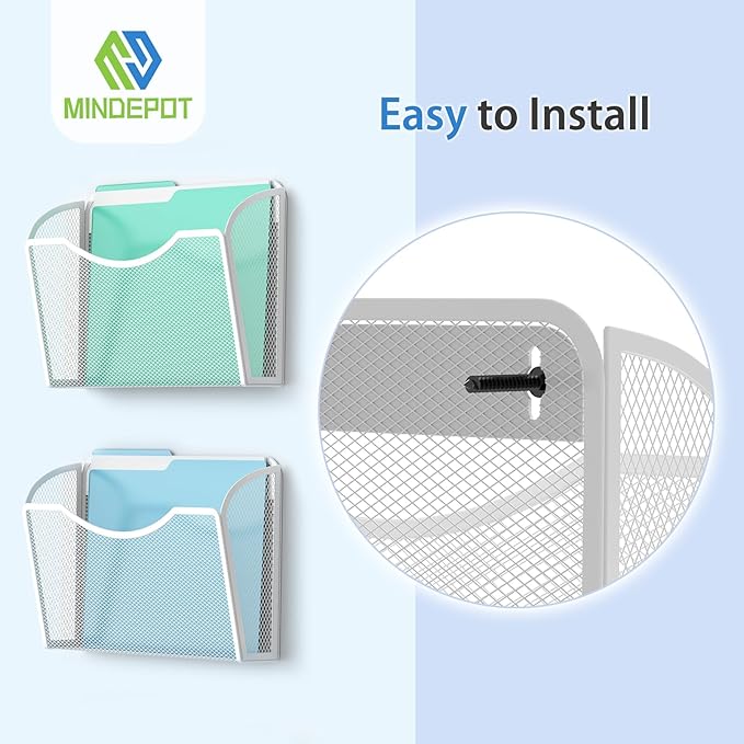 MINDEPOT Wall File Organizer, Hanging Wall File Holder, 6 Pack, Black | Heavy Duty Iron, Metal Mesh Wall Mount, Single Pocket, Mail Organizer, for Office School Classroom Home, Letter A4 Size