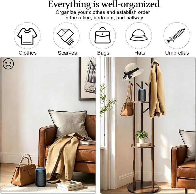 360° Rotating Wooden Coat Rack,9 Hooks & 3 Shelves Walnut Entryway Coat Tree Garment Stand for Hat Scarf Handbag