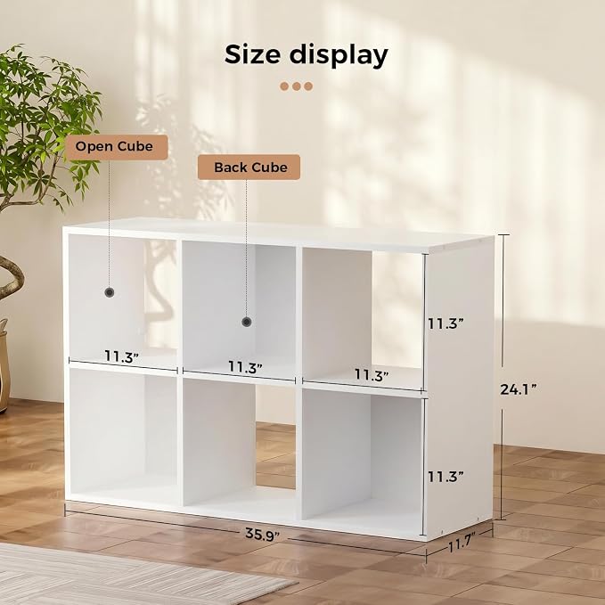 LUCKLIFE 6-Cube Storage Organizer, Stackable Modular Bookcase Shelf with Vertical or Horizontal Use, Fits 11×11" Bins, Optional Back Panels, for Living Room, Office, White