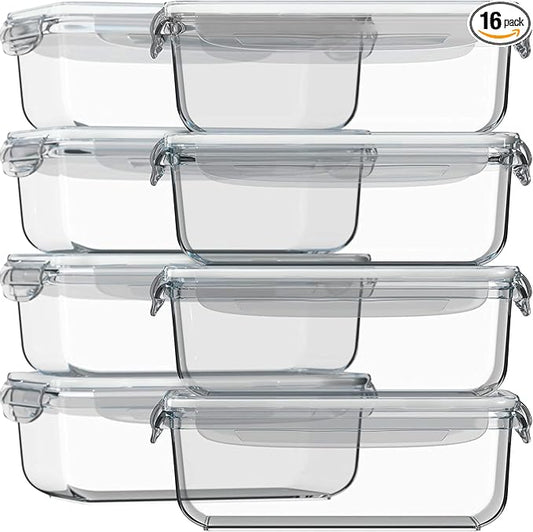 Razab 16 Pc (Set of 8) 30 Oz Glass Meal Prep Containers with Lids, Airtight Large Glass Food Storage Containers, Reusable Leak Proof BPA Free, Freezer to Oven and Dishwasher Safe