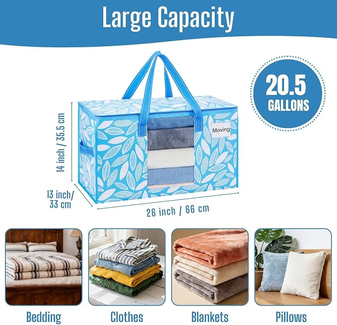 VENO Moving Bags, Wide Open Top, Clear Window, Spring Breeze, 4 Pack | Moving boxes Alternative, Heavy Duty, Storage Bags, Clothes and Comforter Storage, Packing Supplies, College Dorm Essentials