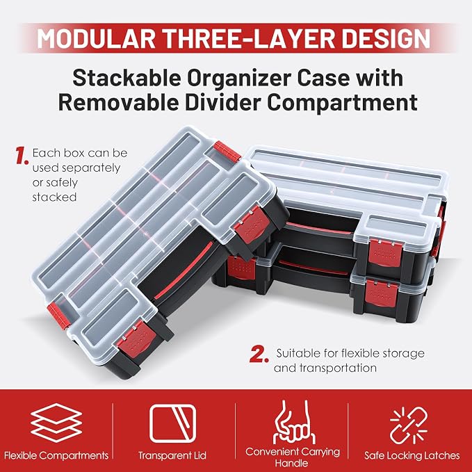 famuka Tool Storage Boxes 3-Pack Small Parts Organizers (Red) | 10 Compartments with Removable Divides