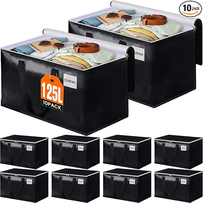 Heavy Duty Moving Bags, Extra Large Storage Bags, 125L, 10-Pack, Black | Foldable, with Zippers, Tag Pocket & Handles, Reusable, Space-saving, Water-Resistant, for moving & storage, Versatile Use