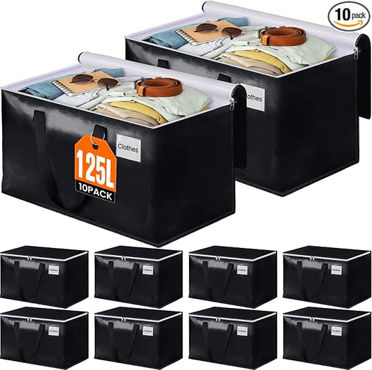 Heavy Duty Moving Bags, Extra Large Storage Bags, 125L, 10-Pack, Black | Foldable, with Zippers, Tag Pocket & Handles, Reusable, Space-saving, Water-Resistant, for moving & storage, Versatile Use