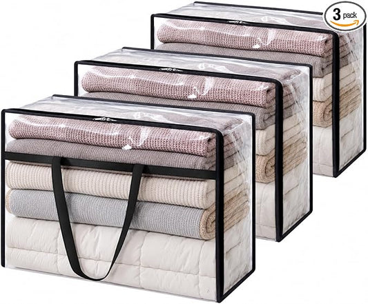 Lifewit 3 Pack Clear Blanket Storage Bags, 60L Plastic Comforter Storage Bag, Vinyl Foldable Moving Bags with Zipper, Clothes Storage Bags, Closet Organizers for Bedding, Duvet