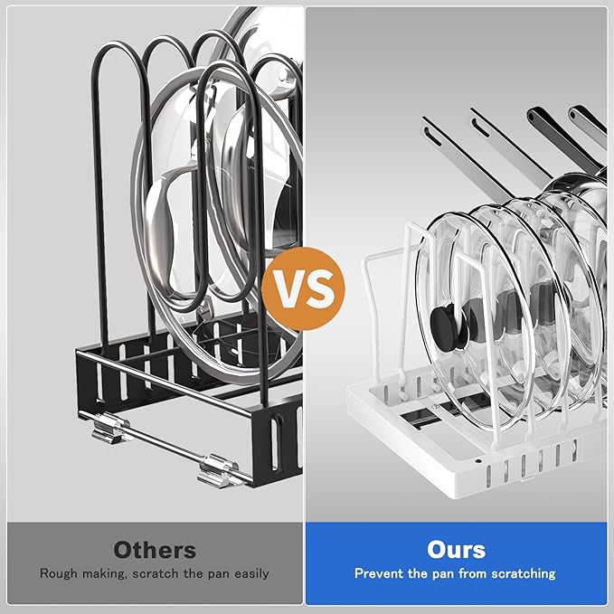 Mustorn 2 Pack Pots and Pans Organizer Under Cabinet, 21.6" Deep Pull Out Pot Lid Organizer Holder with Guardrail Adhesive Pot and Pan Holder Rack with 10 Adjustable Dividers(White)