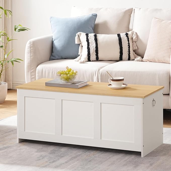 HOOBRO Storage Bench, 39.3" Retro Wooden Storage Chest, Wooden Storage Trunk, Toy Chest with Lift Top, Multifunctional Entryway Organizer, for Entryway, Living Room, White and Natural WN141CW01G1