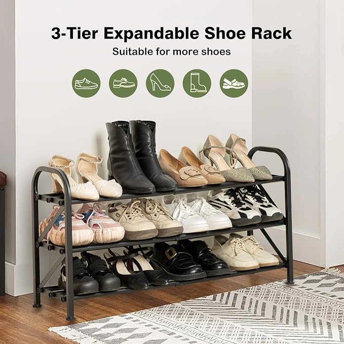 3 Tier Expandable Shoe Rack for Closet, Adjustable Small Shoe Organizer Storage, Heavy Metal Free Standing Narrow Shoe Racks for Entryway, Garage, Doorway Black 16"-33"