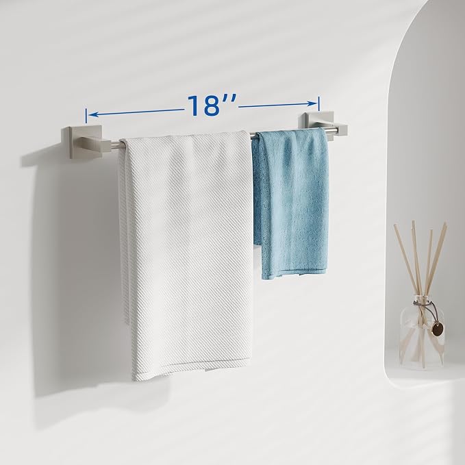 RUACQ Towel Bar 18" Towel Racks for Bathroom Wall Mounted, Brushed Nickel | One-Piece Bath Towel Holder, Total Length 20 Inch Single Towel Rod, 304 Stainless Steel Rustproof, Square Base, Heavy Duty