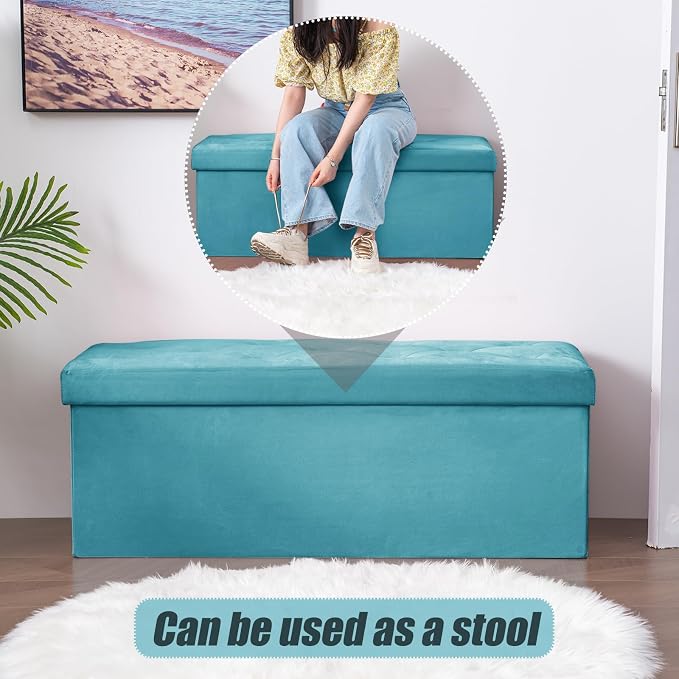 BRIAN & DANY 43 Inches Folding Storage Ottoman Bench, Velvet Ottoman with Storage for Living Room, Bedroom, Entryway, Ottoman Foot Rest, End of Bed Bench (Teal)
