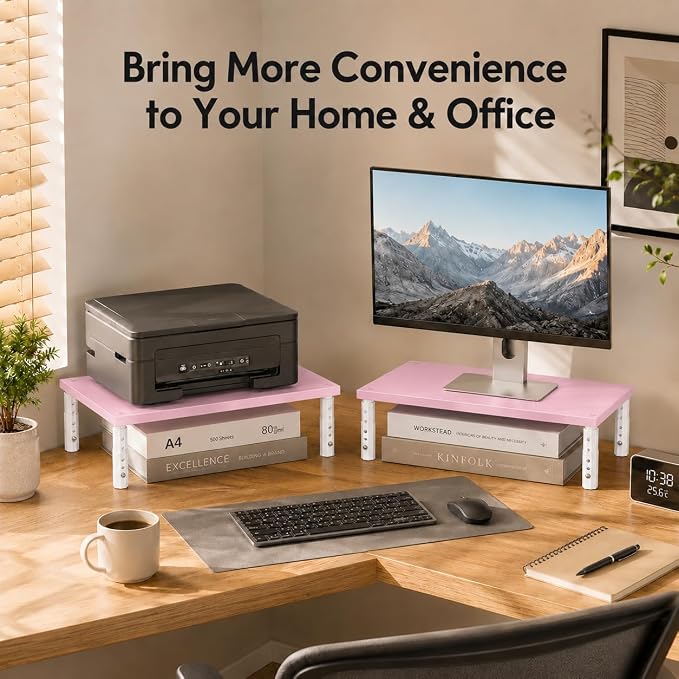 Adjustable Computer Monitor Stand Riser for Desk, Desk Organizer & Office Decor for Women, Laptop Stand, Office Desk Accessories & Workspace Organizers for Home Office, Pink Wood